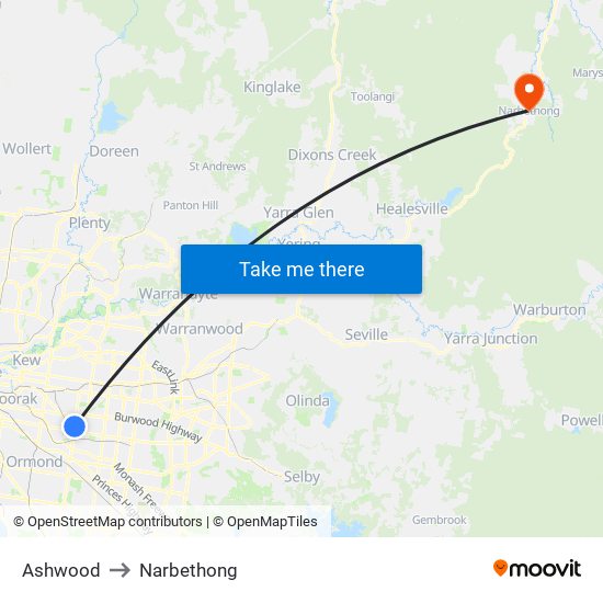 Ashwood to Narbethong map