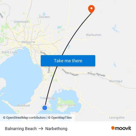 Balnarring Beach to Narbethong map