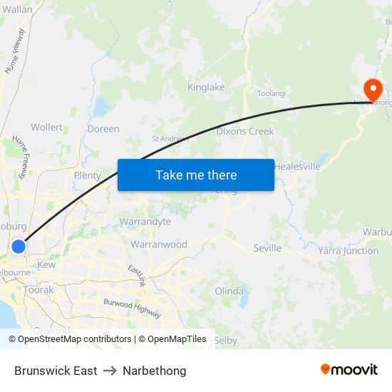 Brunswick East to Narbethong map