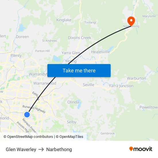 Glen Waverley to Narbethong map
