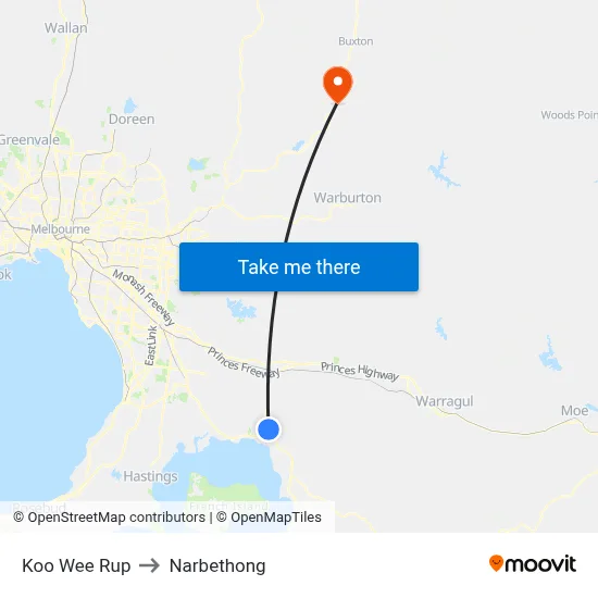 Koo Wee Rup to Narbethong map