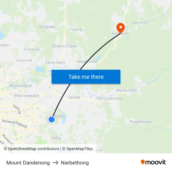Mount Dandenong to Narbethong map
