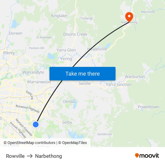 Rowville to Narbethong map