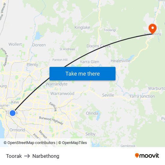 Toorak to Narbethong map