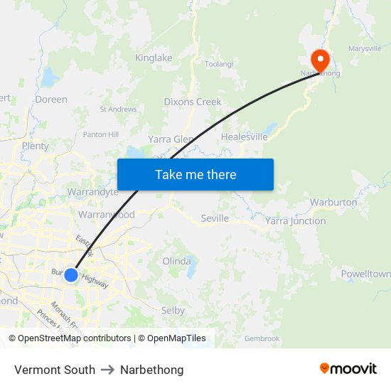 Vermont South to Narbethong map