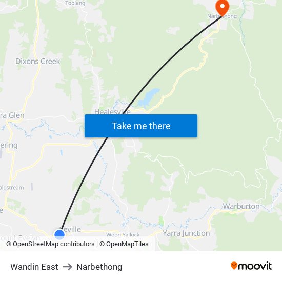Wandin East to Narbethong map