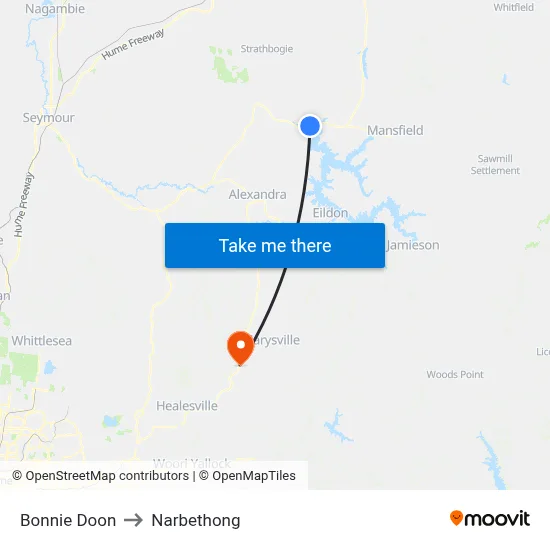Bonnie Doon to Narbethong map