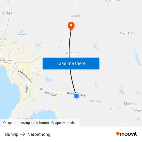 Bunyip to Narbethong map