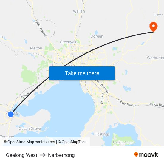 Geelong West to Narbethong map