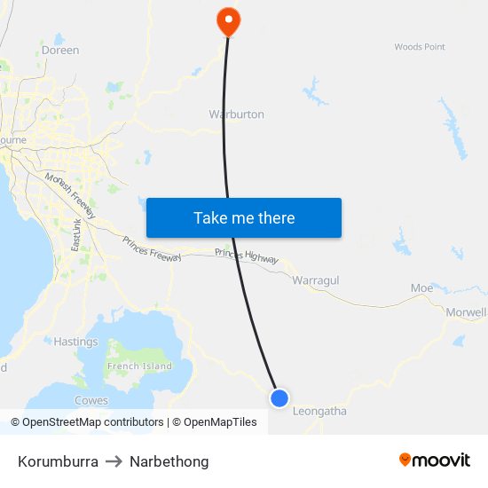 Korumburra to Narbethong map