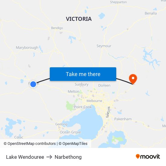 Lake Wendouree to Narbethong map