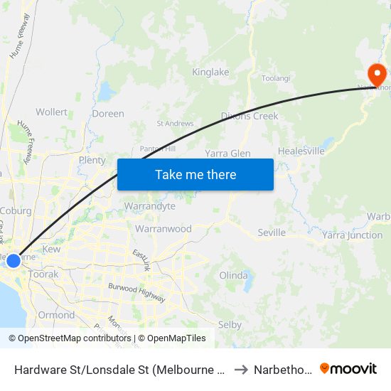 Hardware St/Lonsdale St (Melbourne City) to Narbethong map