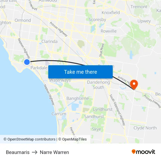 Beaumaris to Narre Warren map