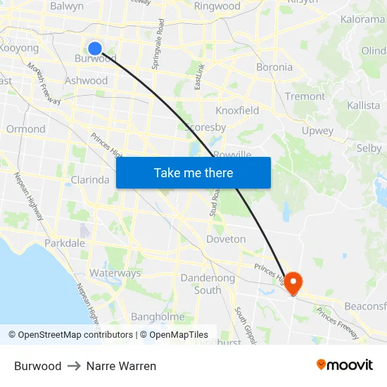 Burwood to Narre Warren map