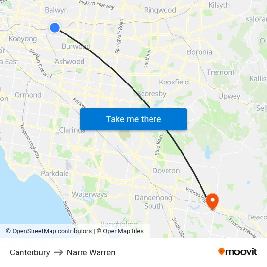 Canterbury to Narre Warren map