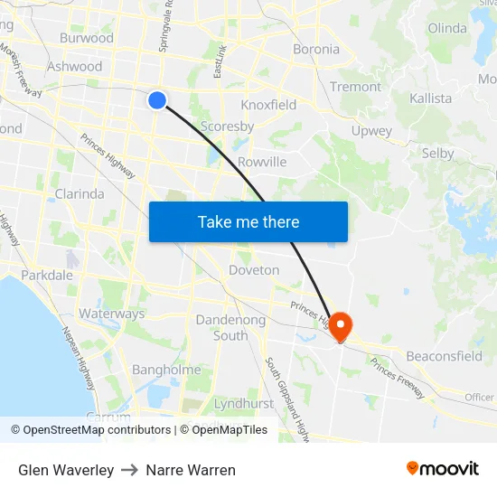 Glen Waverley to Narre Warren map