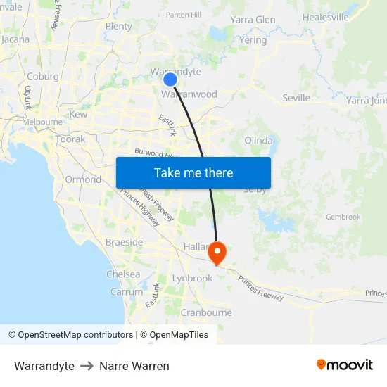 Warrandyte to Narre Warren map