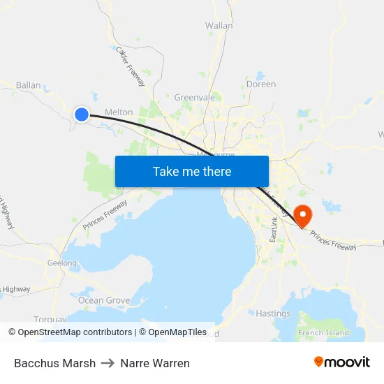 Bacchus Marsh to Narre Warren map