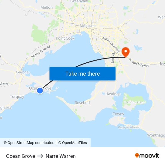 Ocean Grove to Narre Warren map