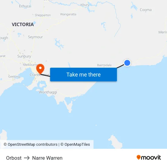 Orbost to Narre Warren map