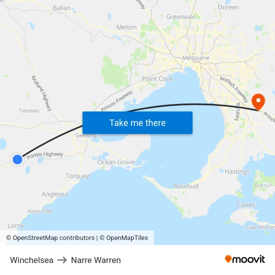 Winchelsea to Narre Warren map