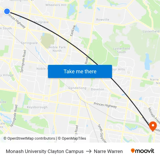 Monash University Clayton Campus to Narre Warren map