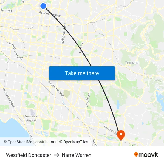 Westfield Doncaster to Narre Warren map