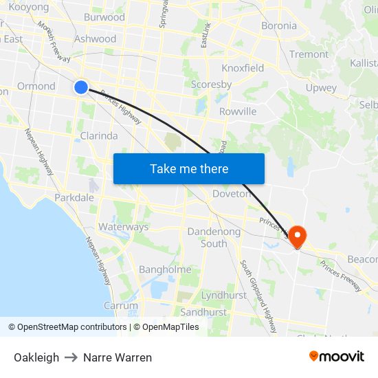 Oakleigh to Narre Warren map