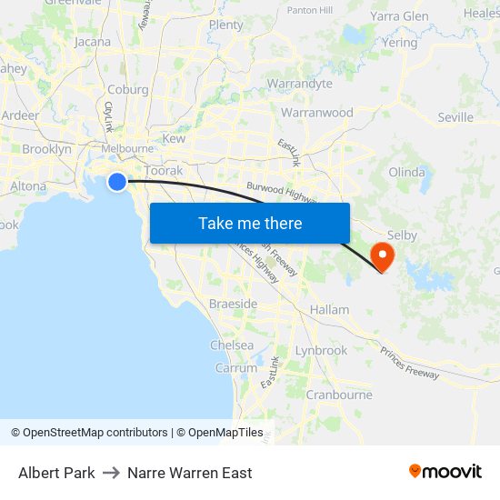 Albert Park to Narre Warren East map