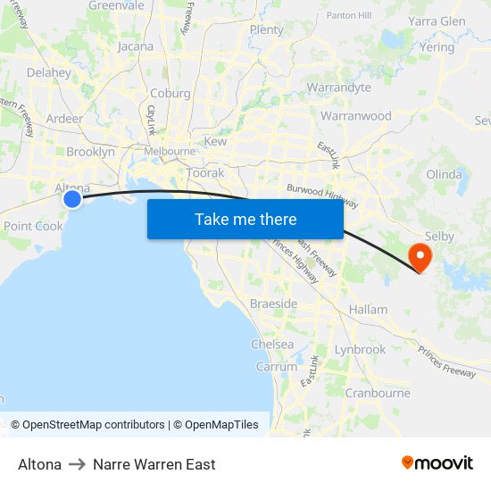 Altona to Narre Warren East map