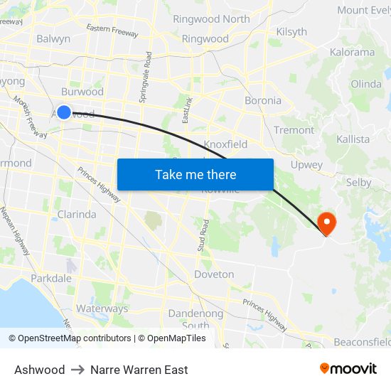 Ashwood to Narre Warren East map