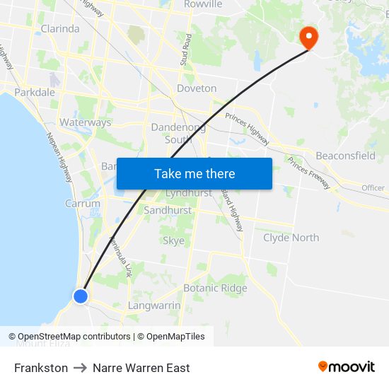 Frankston to Narre Warren East map