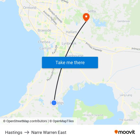Hastings to Narre Warren East map