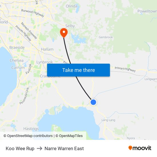 Koo Wee Rup to Narre Warren East map