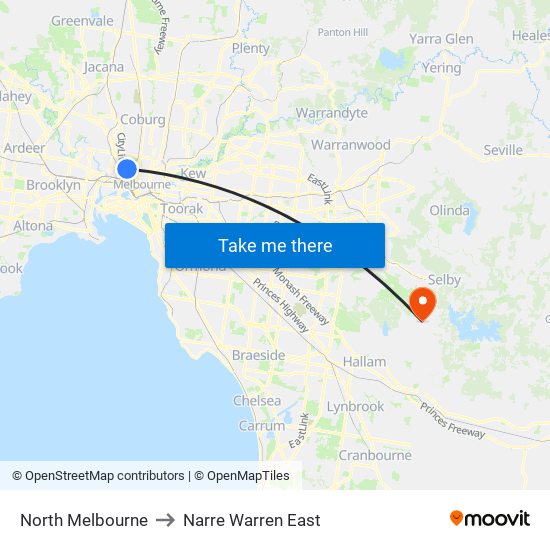 North Melbourne to Narre Warren East map