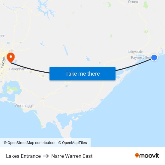 Lakes Entrance to Narre Warren East map