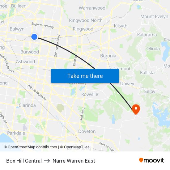 Box Hill Central to Narre Warren East map