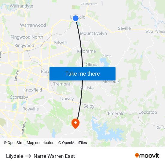 Lilydale to Narre Warren East map