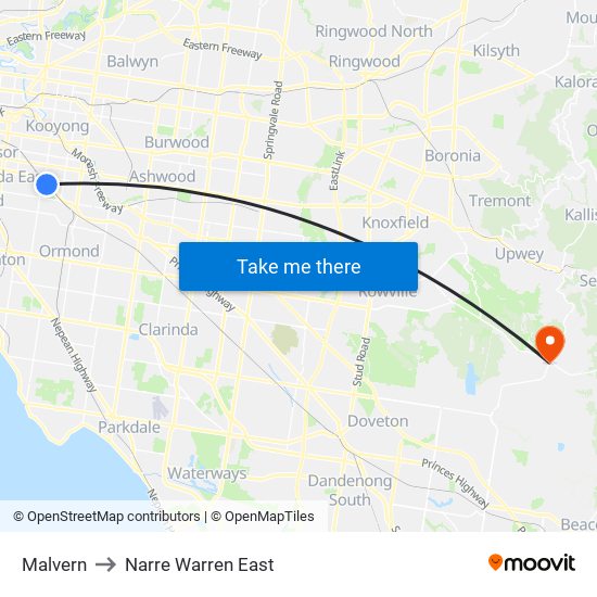 Malvern to Narre Warren East map