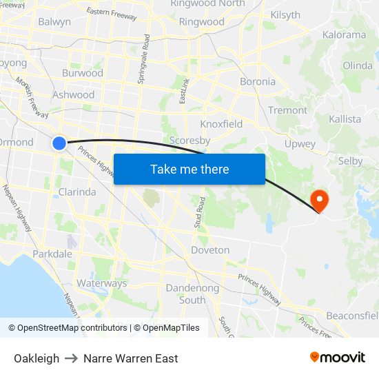 Oakleigh to Narre Warren East map