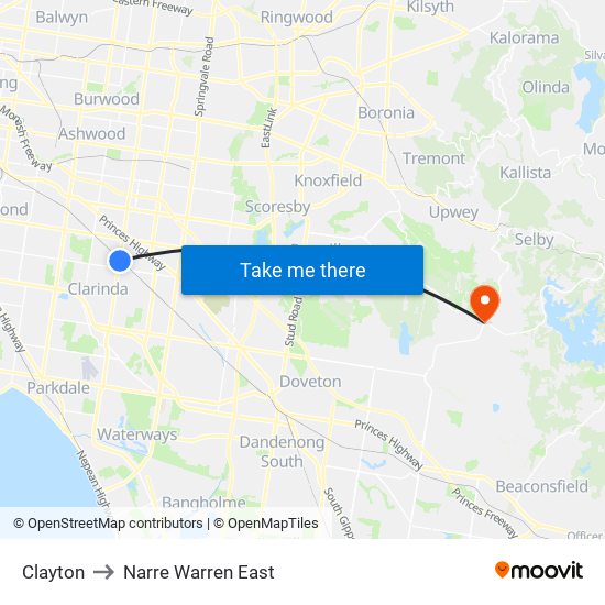 Clayton to Narre Warren East map