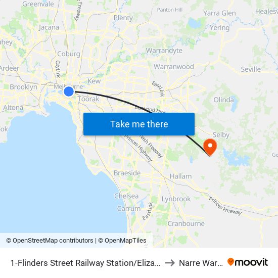 1-Flinders Street Railway Station/Elizabeth St (Melbourne City) to Narre Warren East map