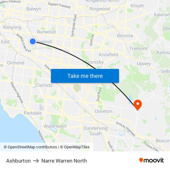 Ashburton to Narre Warren North map