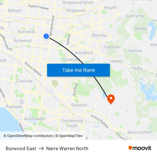 Burwood East to Narre Warren North map