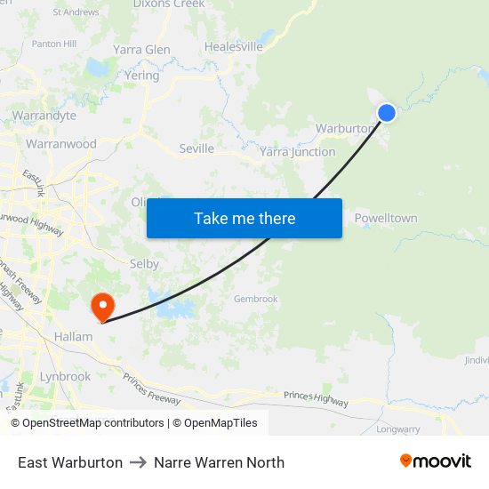 East Warburton to Narre Warren North map