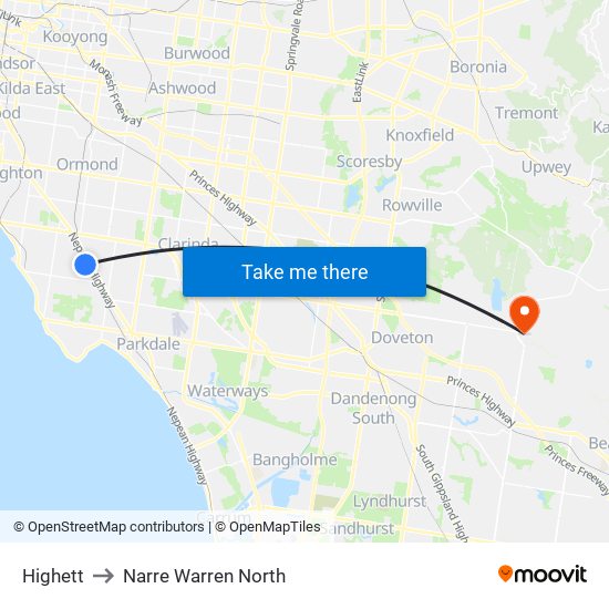 Highett to Narre Warren North map