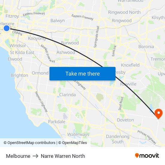 Melbourne to Narre Warren North map