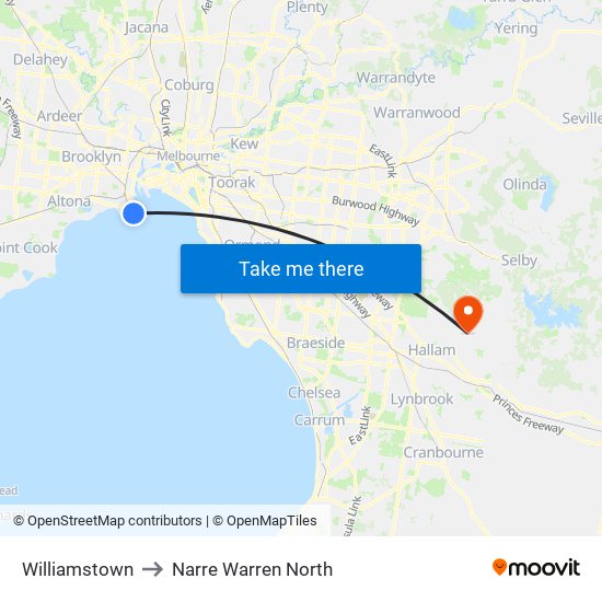 Williamstown to Narre Warren North map