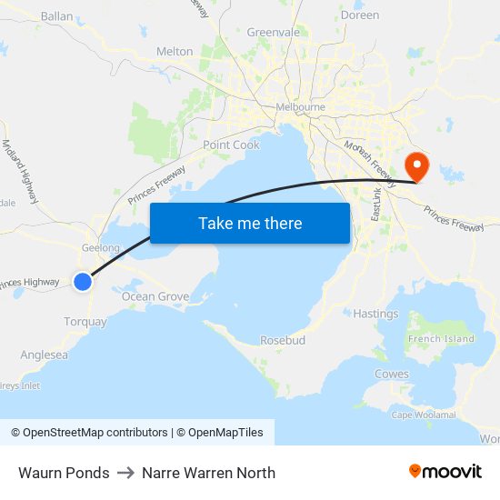 Waurn Ponds to Narre Warren North map
