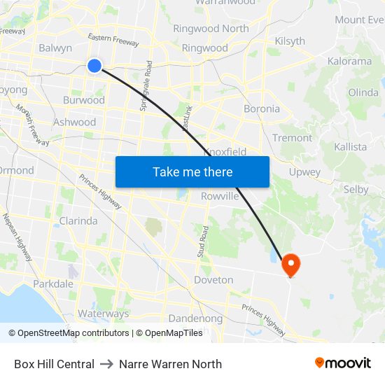 Box Hill Central to Narre Warren North map